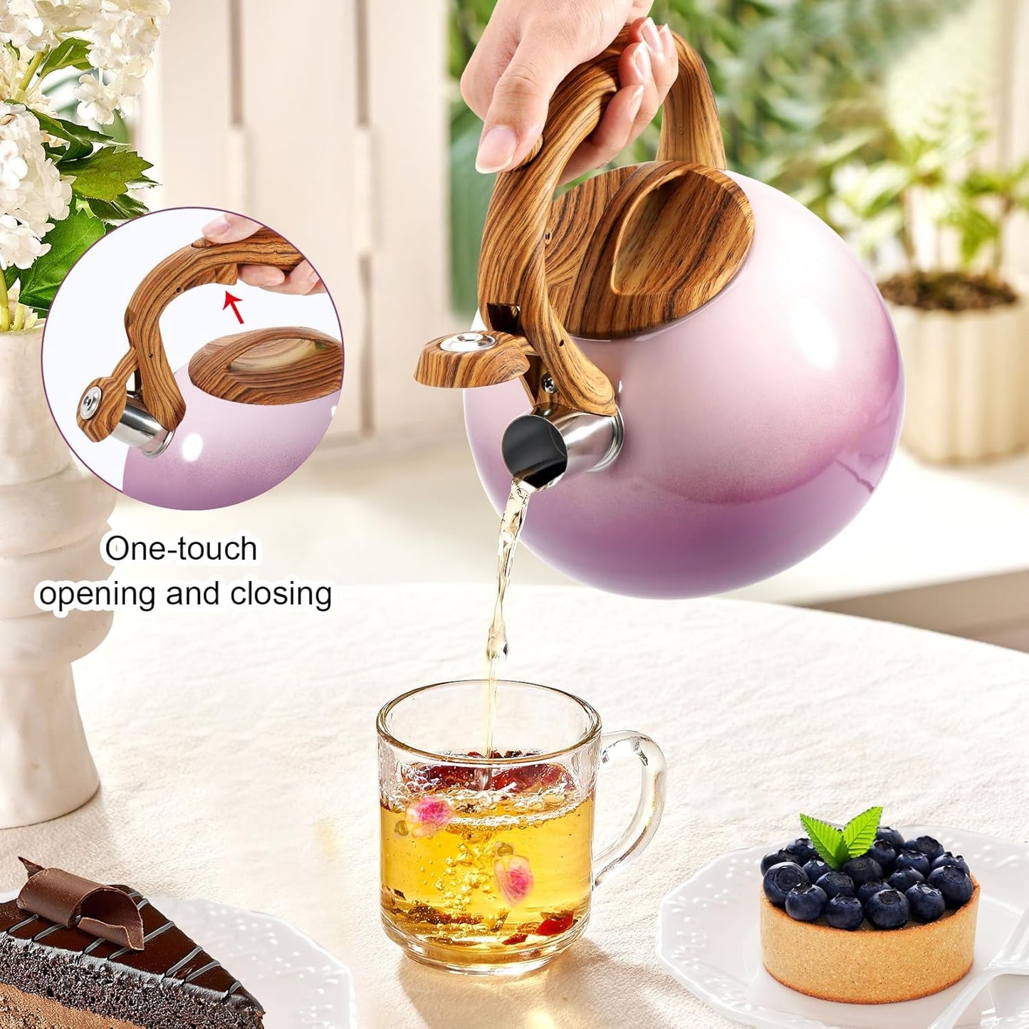 GGC Tea Kettle for Stove Top, 3.1QT/3L Whistling Tea Kettles for Boiling Water Coffee or Milk, Purple Tea Pot with Wood Parttern Handle, Stainless Steel Tea Pot for Home and Kitchen