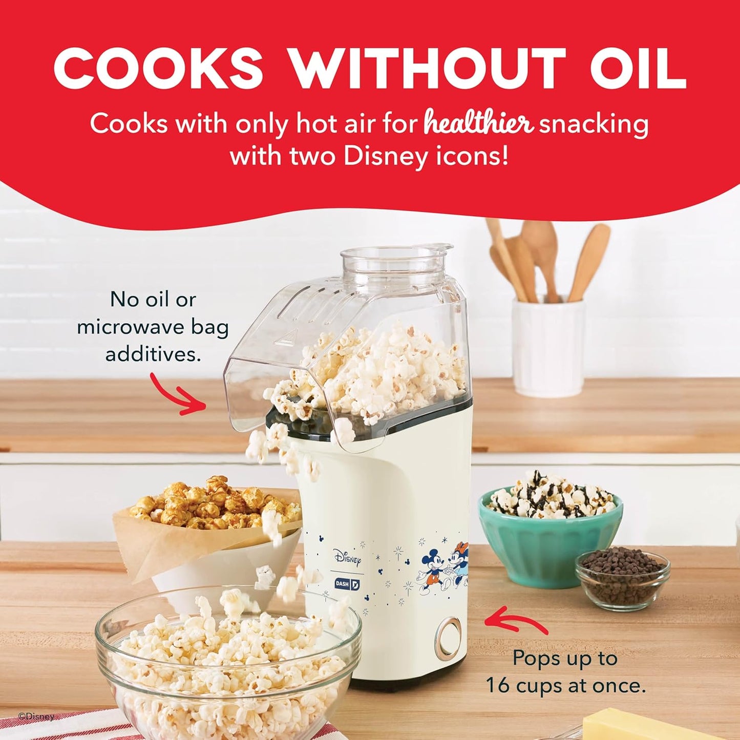 Disney Dash Fresh Pop Popcorn Maker - Oil-Free, Air Popcorn Popper - With Measuring Cup & Recipe Guide - Perfect for Movie Nights - 16 Cups, Mickey & Minnie Design
