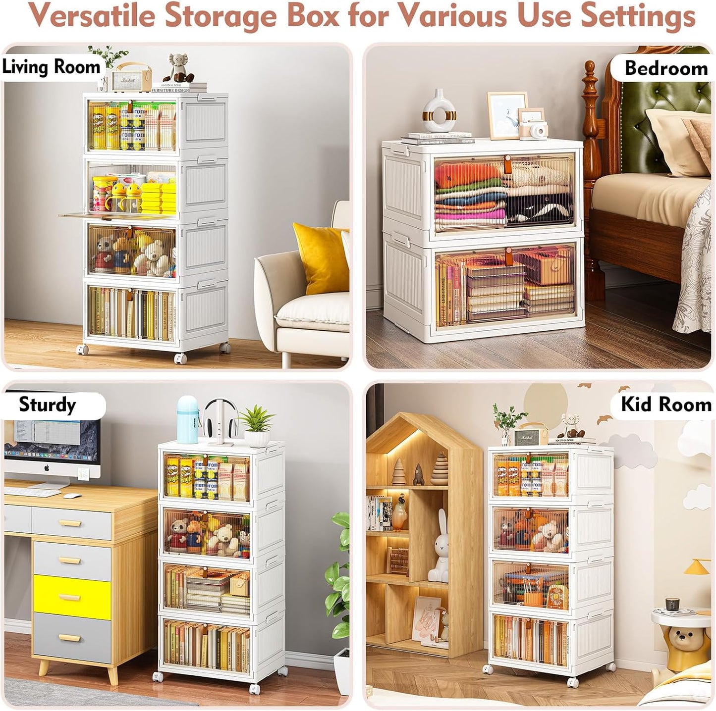 4 Tier Stackable Storage Bins with Lids, 28Qt Plastic Storage Containers with Magnetic Doors & Wheels, Convenient Storage Bins Closet Organizers, Household Organization for Home, Party, Office, Dorm