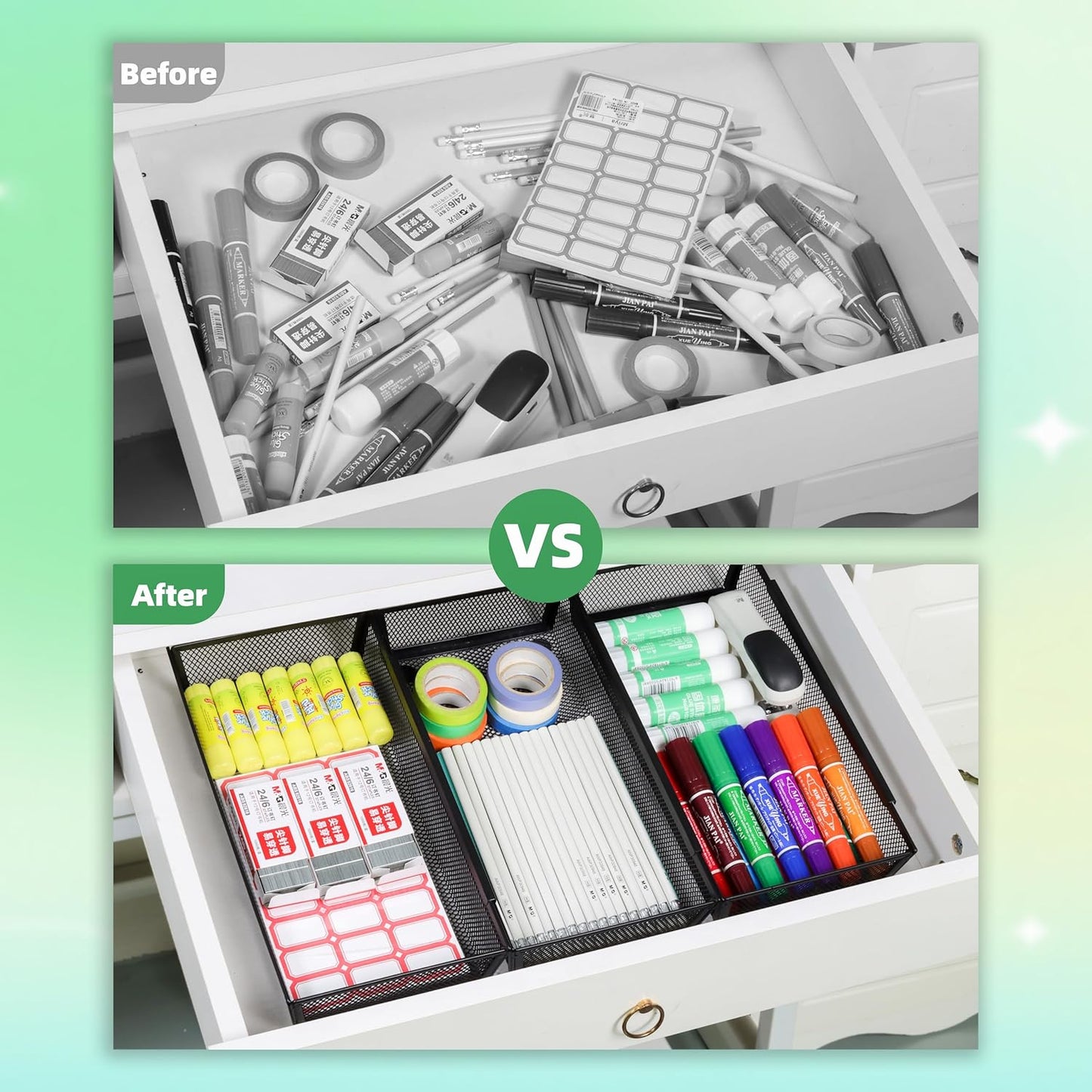 ihomecooker Mesh Tray Silverware Drawer Organizer, Utensil Cutlery Tray Office Supplies with Interlocking Arm Drawer Dividers Organizer for Flatware, Knives,Home,Office, School,Bedroom 12X6'' Black