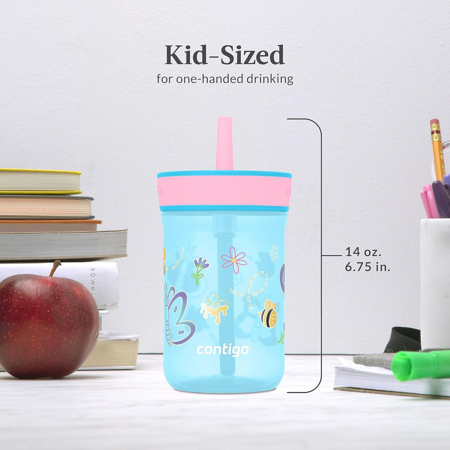 Contigo Kids’ Leighton Straw Tumbler with Spill-Proof Lid, 14oz., 2 Pack, Blue Raspberry & Azalea (Pack of 4)