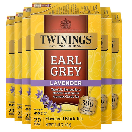 Twinings Earl Grey Lavender Black Tea Individually Wrapped Bags, 20 Count (Pack of 6), Citrus, Bergamot & Floral, Caffeinated, Enjoy Hot or Iced, 120 Teabags