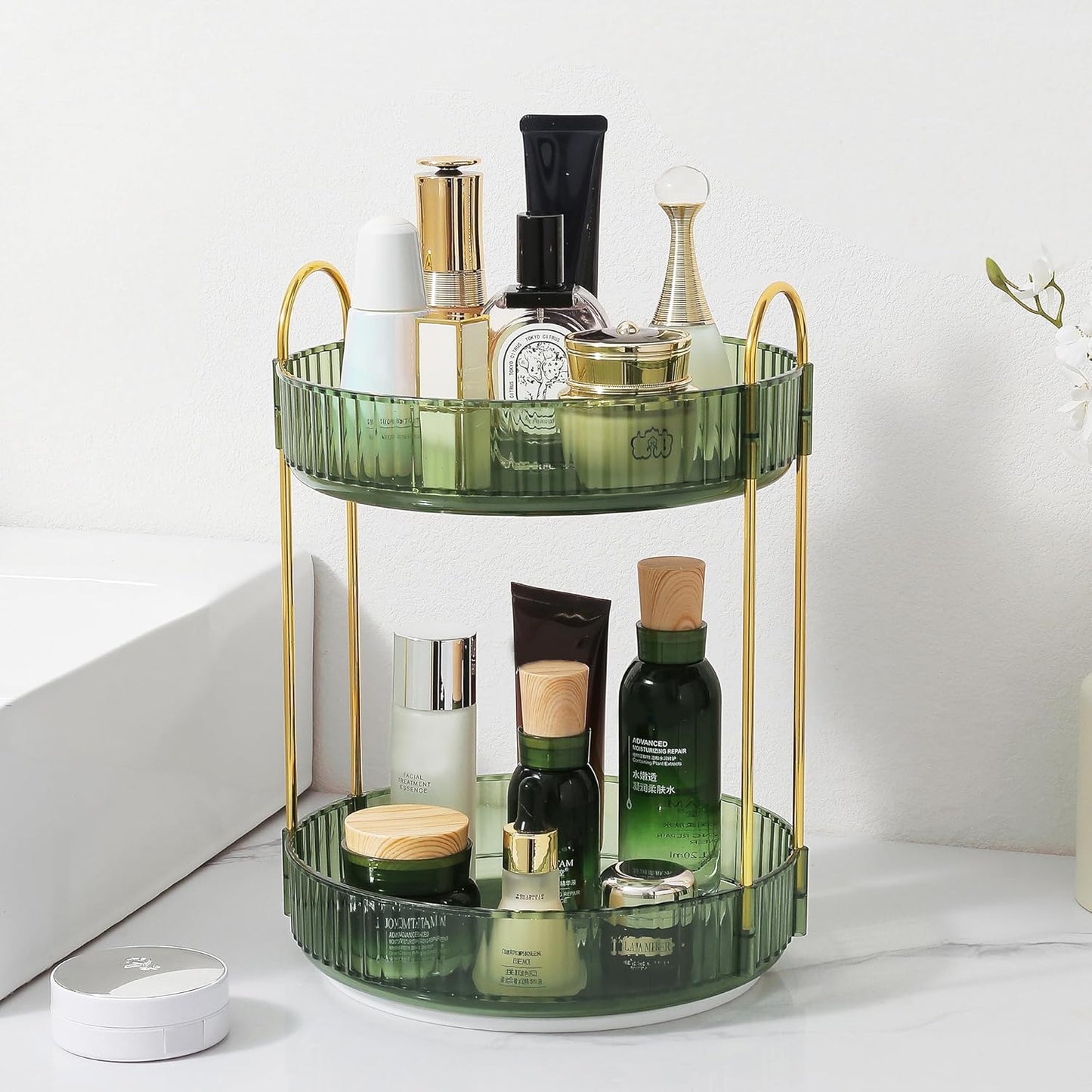 Rotating Makeup Organizer for Vanity, Perfume Skincare Lipstick Organizers for Bathroom Countertop, Clear Make up Storage for Dresser, Bathroom Cosmetics Organizer Storage 360 Spinning(2 Tier, Green)