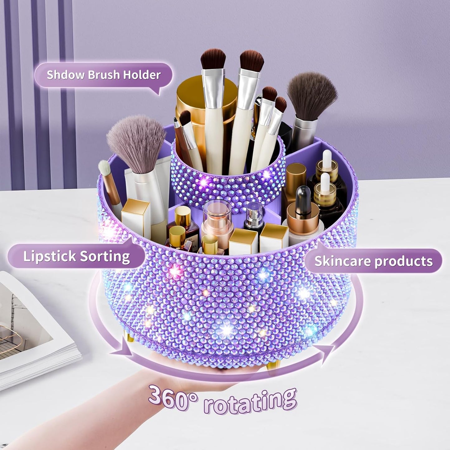 Bling 360° Rotate Makeup Brush Holder Organizer, Makeup Organizers Countertop, Makeup organization and Skincare Storage for Vanity, Gift for Women Girls (Bling dz-Purple)