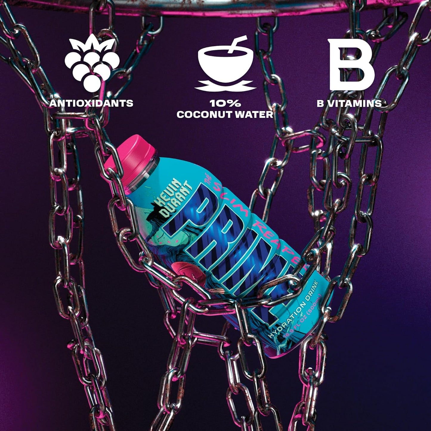 PRIME Hydration KEVIN DURANT Sports Drinks, Electrolyte Enhanced for Replenishing Fluids 250mg BCAAs, B Vitamins, Antioxidants, Low Sugar, 16.9 Fl Oz, 12 Pack