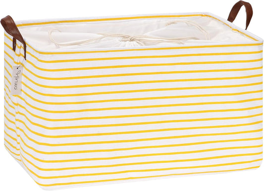 Hinwo 70L Extra Large Storage Bins, Closet Organizers and Storage, Foldable Clothes Storage Baskets with Handles, Containers for Clothing, Blanket, Comforters, Toys, Bedding (Yellow Stripe)