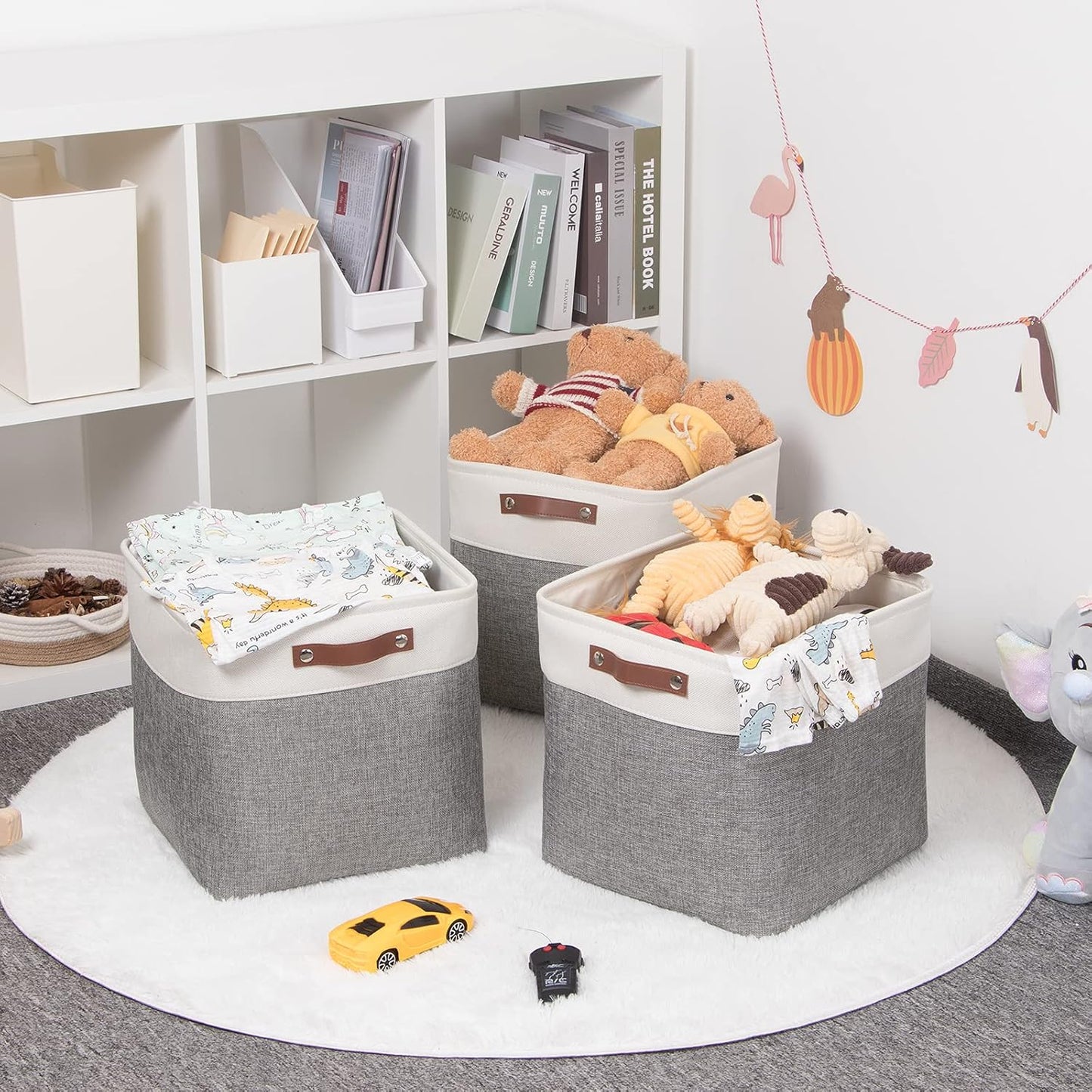 HNZIGE Storage Foldable Storage Baskets Cubes Set(3 Pack) Fabric Bins for Shelves,13 Inch Storage Basket for Organizing with Leather Handles for Home, Toys, Clothes,Closet Storage(White&Gray)