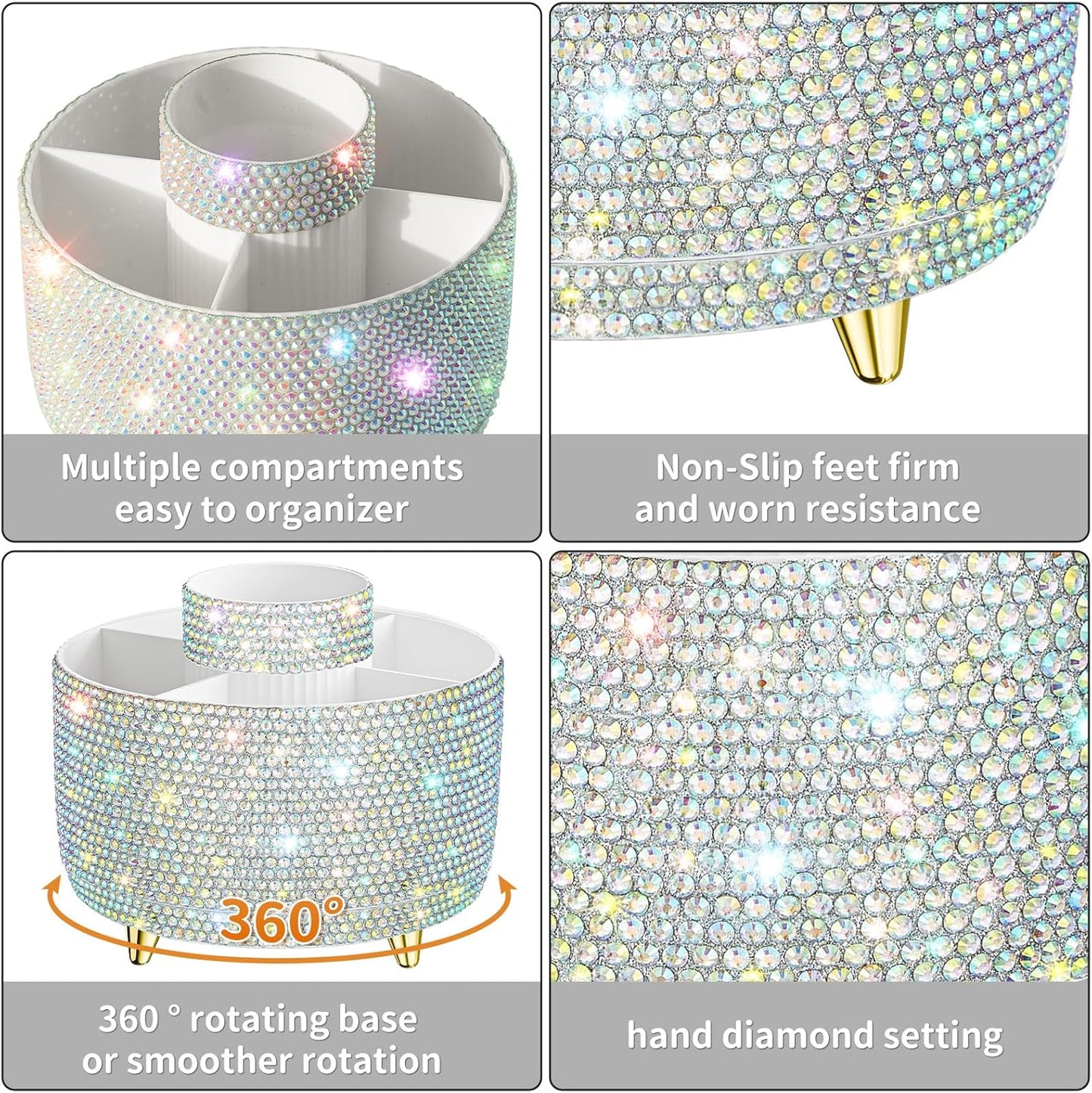 Bling 360° Rotate Makeup Brush Holder Organizer, Makeup Organizers Countertop, Makeup organization and Skincare Storage for Vanity, Gift for Women Girls (Bling dz-White AB)