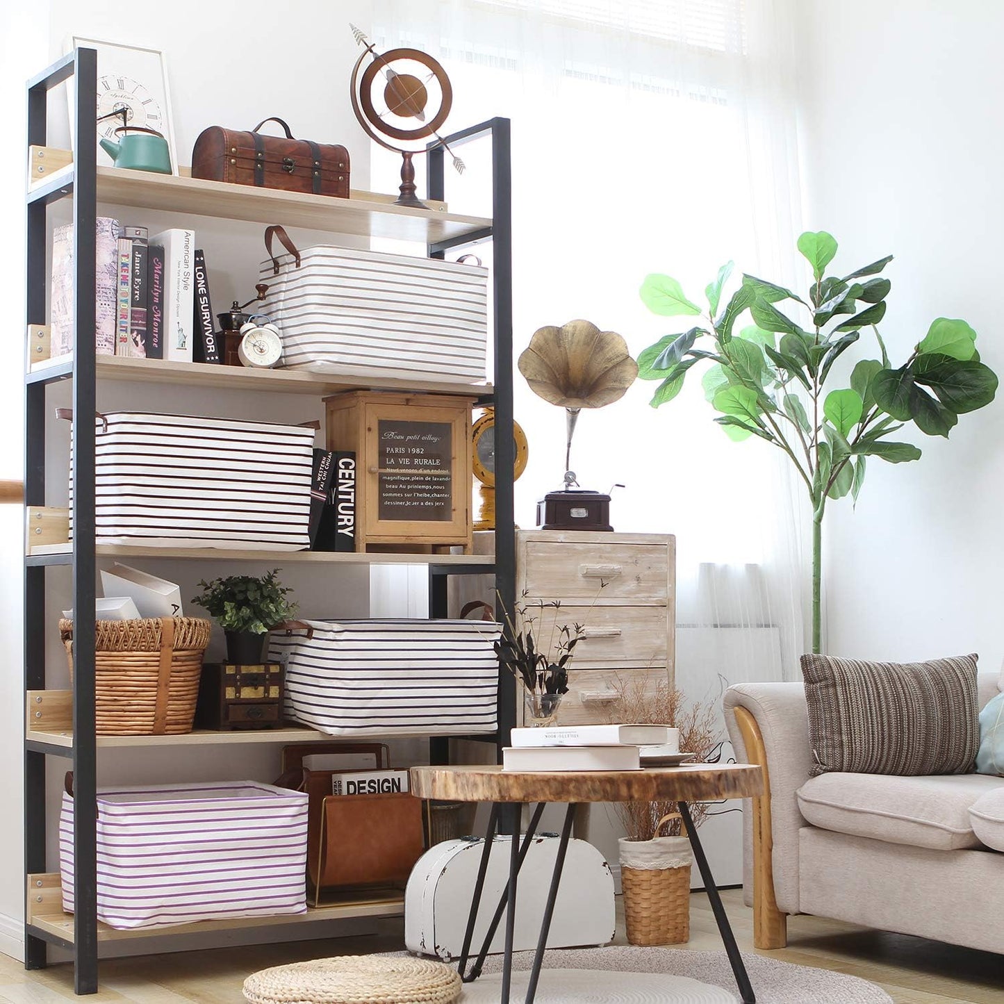 Hinwo 31L Large Storage Bins, Closet Organizers and Storage, Shelf Baskets, Foldable Clothes Storage Baskets with Handles, Containers for Clothing, Blanket, Towels, Toys, Bedding (Gray Stripe)