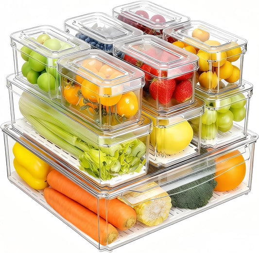 10-Pack Clear Fridge Organizer Containers with Lids, Stackable BPA-Free Refrigerator & Produce Storage Containers with Drain Tray & Anti-Slip Base for Fruits, Veggies & Drinks