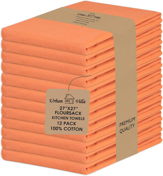 Urban Villa Halloween Flour Sack Kitchen Towels 27”x27” 12 Pack Orange Color Dish Towels 100% Cotton Flour Sack Kitchen Towels for Embroidery DIY Projects Cloth Diapers Cheese Strainers Dish Cloths