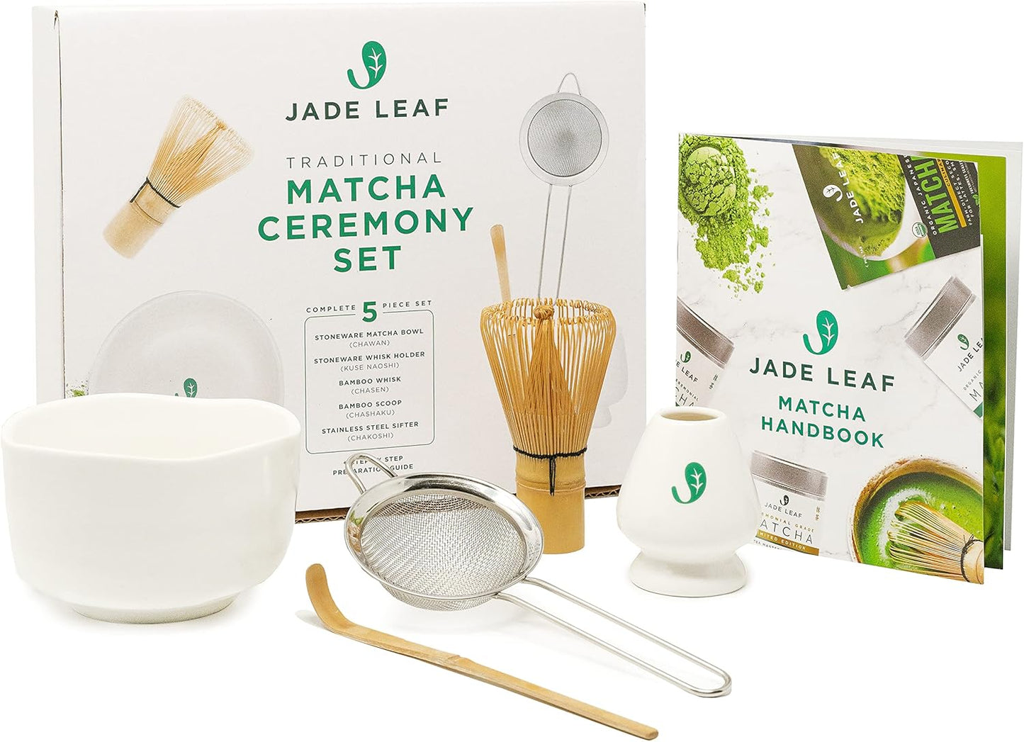 Jade Leaf Matcha - Complete Matcha Whisk Set - Ceremonial Gift Set Includes: Bamboo Matcha Whisk & Scoop, Stainless Steel Sifter, Stoneware Bowl & Whisk Holder, and Prep Guide