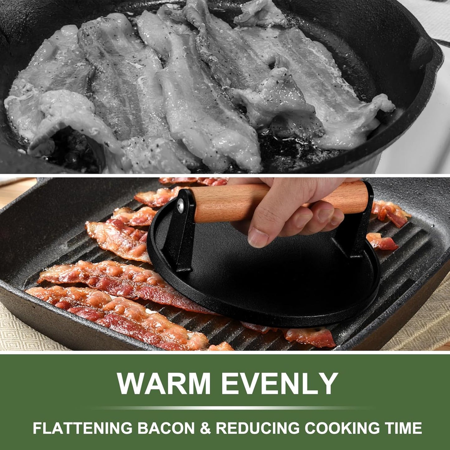 EWFEN Cast Iron Smash Bacon Press Meat Steak with Wood Handle, Burger Press(Round with Flat Bottom)