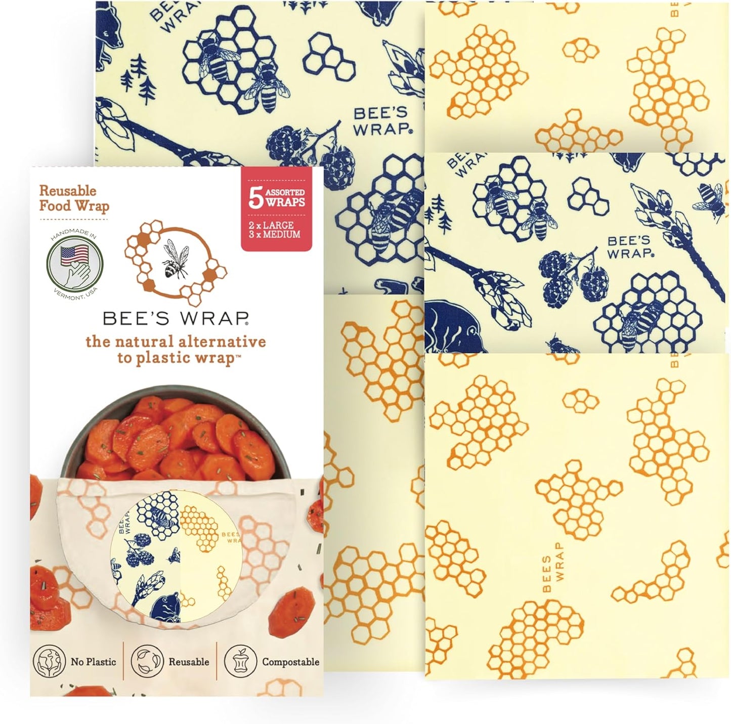 Bee's Wrap Beeswax Wraps for Food - Made in USA Reusable & Organic Food Wraps & Bowl Covers - Eco-Friendly Alternative to Aluminum Foil, Honeycomb & Bees + Bears Assorted 5 Pack (2L, 3M)