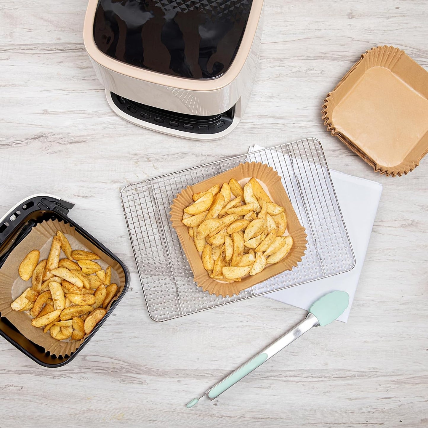 Restaurantware-Pastry Tek 6.3 x 6.3 x 1.8 Inch Air Fryer Liners, 100 Square Air Fryer Baskets - No-Stick Silicone Coating, Unbleached, Food-Grade Paper Liners, For Steamer, Microwave, Oven, Fry Pan