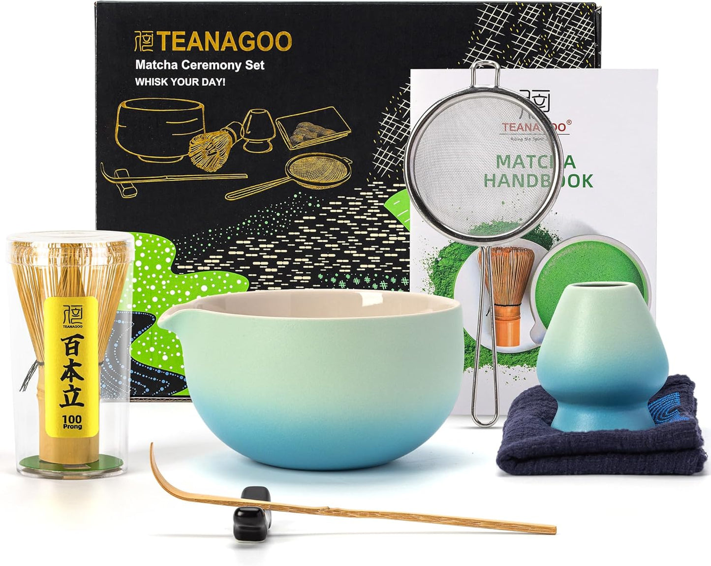 TEANAGOO Matcha Whisk Set Blue,Ceremony Matcha Set,Matcha Kit Grident Blue,Matcha Tea Set for Making Breakfast/Latte,Matcha Whisk Set and Bowl with All Accessories,Gift for Matcha Lover