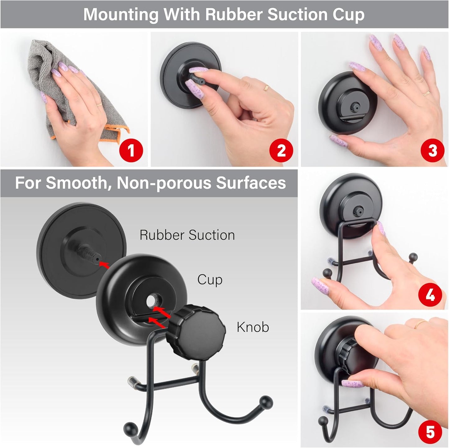 Suction Cup Hooks for Shower - Towel Hooks for Bathroom Wall Mounted Shower - Bathroom Hooks for Hanging - Stainless Steel SS304 Towel Holders, Black (2 Pack)