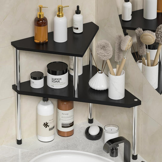 Weenson Bathroom Counter Organizer Over Sink for Toiletries, Makeup, Kitchen Countertop Organizer Spice Rack for Salt, 2-Tier Corner Counter Shelf for Coffee Area Storage Dresser Table(Black)