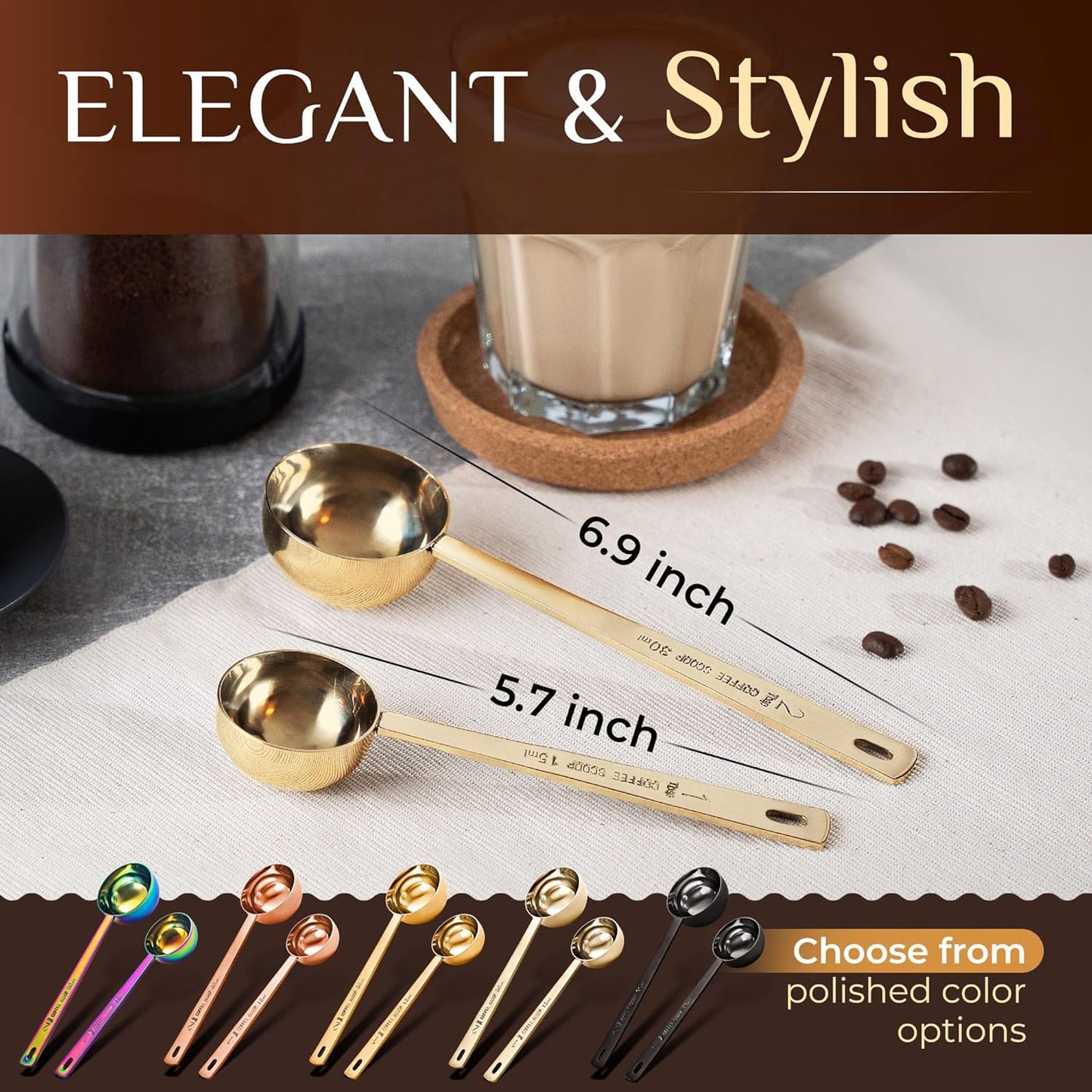 Orblue Premium Coffee Scoop Set - 1 Tbsp (15ml) & 2 Tbsp (30ml) Measuring Tablespoon - Stainless Steel Coffee Measuring Spoon and Scooper with Long Handles - Pack of 2, Light Gold