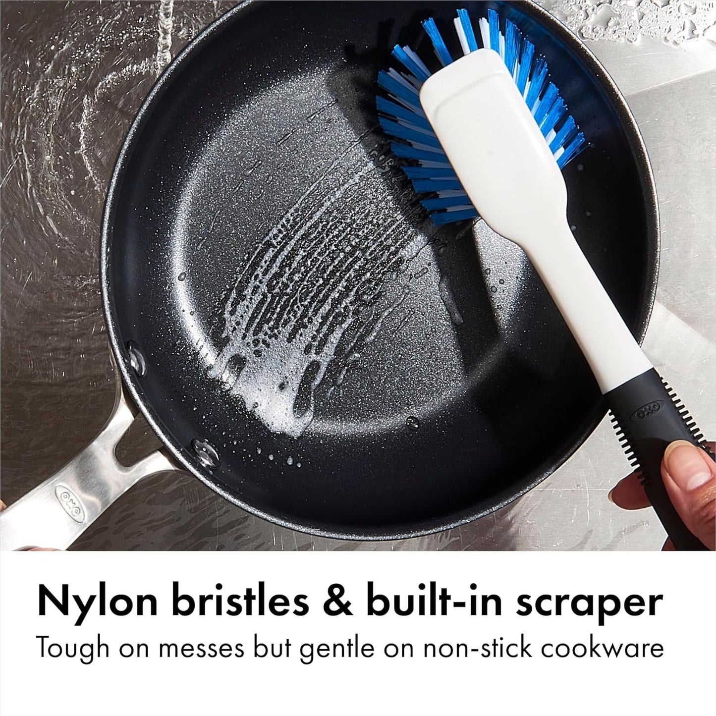 OXO Good Grips Dish Brush, Nylon Bristles with Built-in Scraper, Safe for Non-Stick Cookware, Non-Slip Handle, Dishwasher Safe