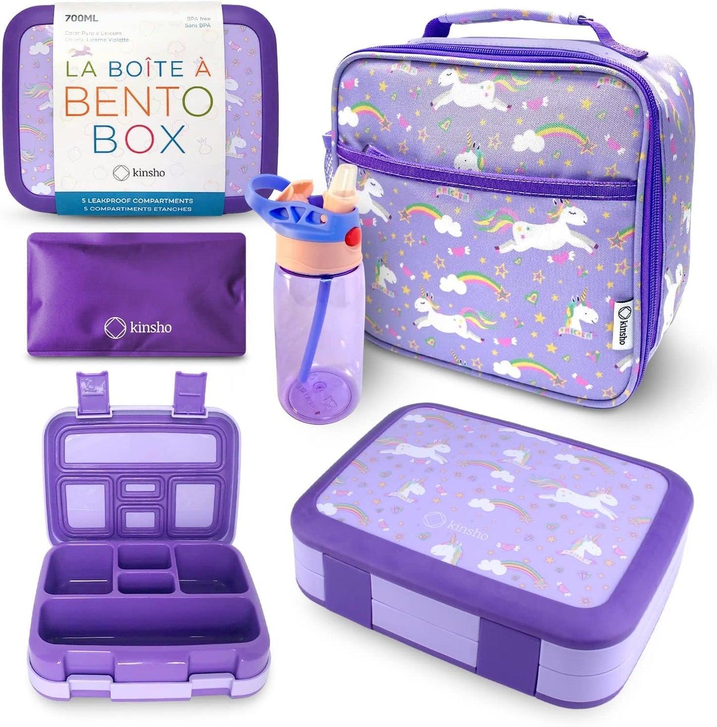Bento Box with Insulated Lunch Bag, Ice Pack & Water Bottle Set for Kids - 5 Compartments, Lunches or Snack Container Girls, Toddlers Daycare Pre-School, Kindergarten Purple Unicorn