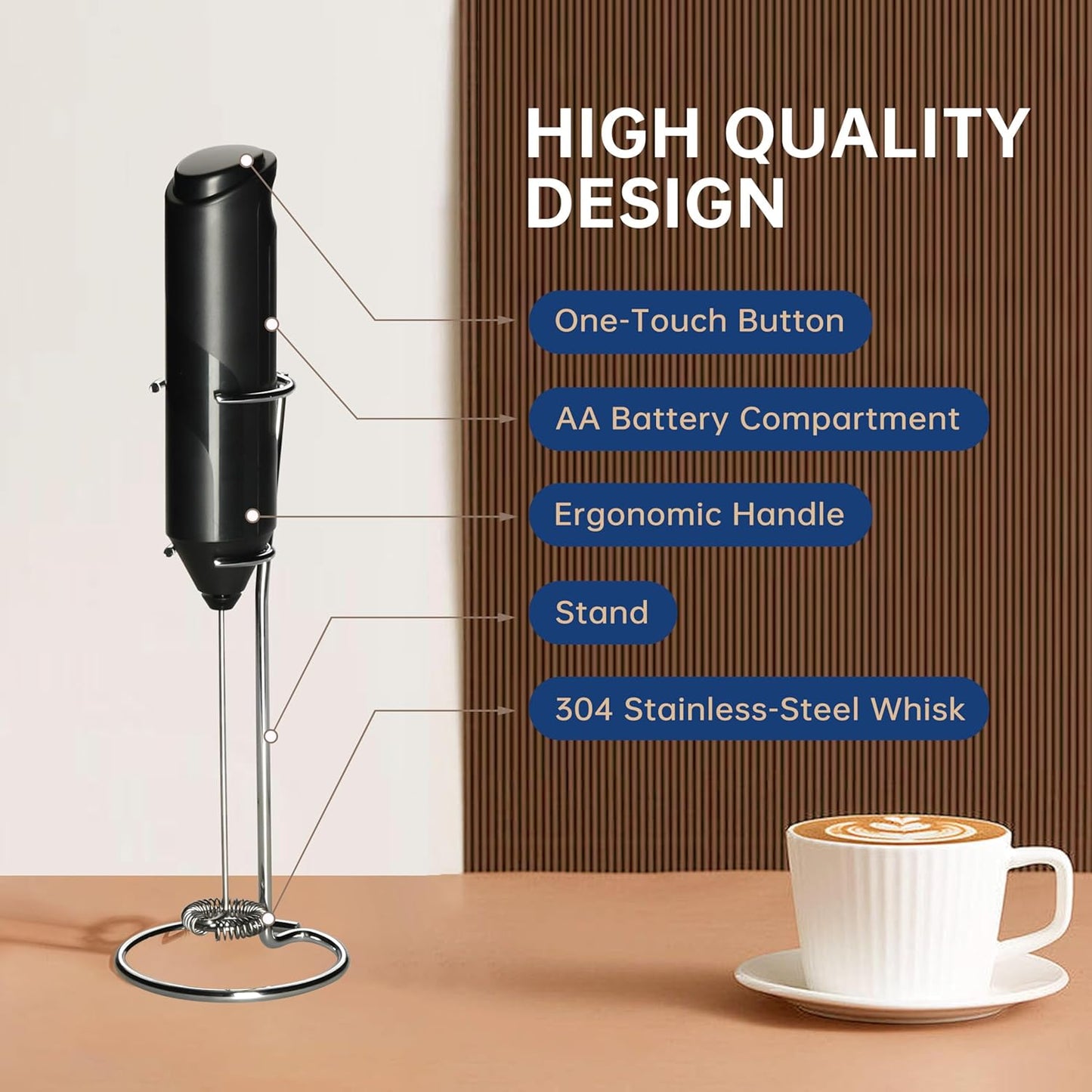 YSSOA Electric Milk Frother Handheld with Stainless Steel Stand Battery Operated Whisk Drink Mixer for Coffee, Frappe, Latte, Matcha, Hot Chocolate, Black 2 Pack