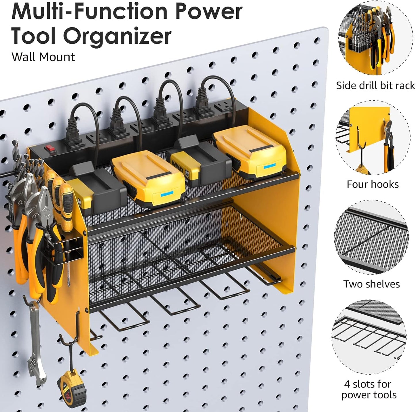 CCCEI Modular Power Tool Organizer Wall Mount with Charging Station. Garage Drill Storage Shelf with Hooks, Heavy Duty Rack, Tool Battery Holder Built in 8 Outlet. Gift for Men. Yellow, 2 Pack.