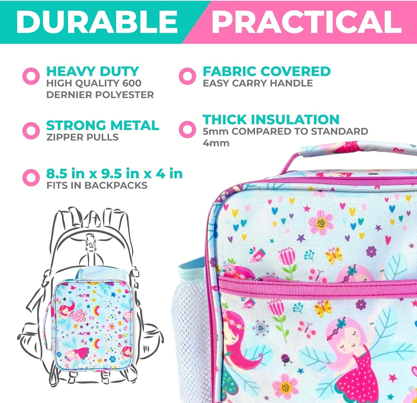 Bento Box, Lunch Bag, Ice Pack Water Bottle Set for Kids - 5 Compartments, Removable Tray, Lunches or Snack Container Girls Toddlers Daycare Pre-School, Kindergarten Pink Purple Fairy Princess