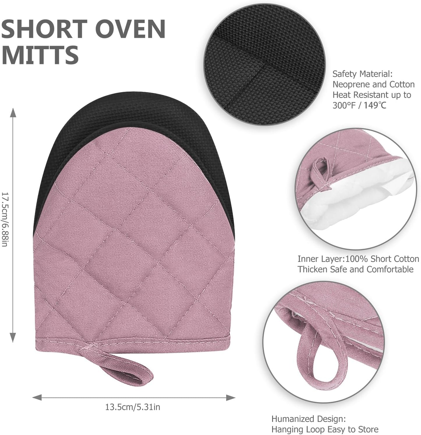 1 Pair Short Oven Mitts - Silicone Kitchen Oven Gloves High Heat Resistant 500℉, Mini Oven Mits with Non-Slip Grip Surfaces and Hanging Loop for BBQ, Baking, Cooking and Grilling (Pink)