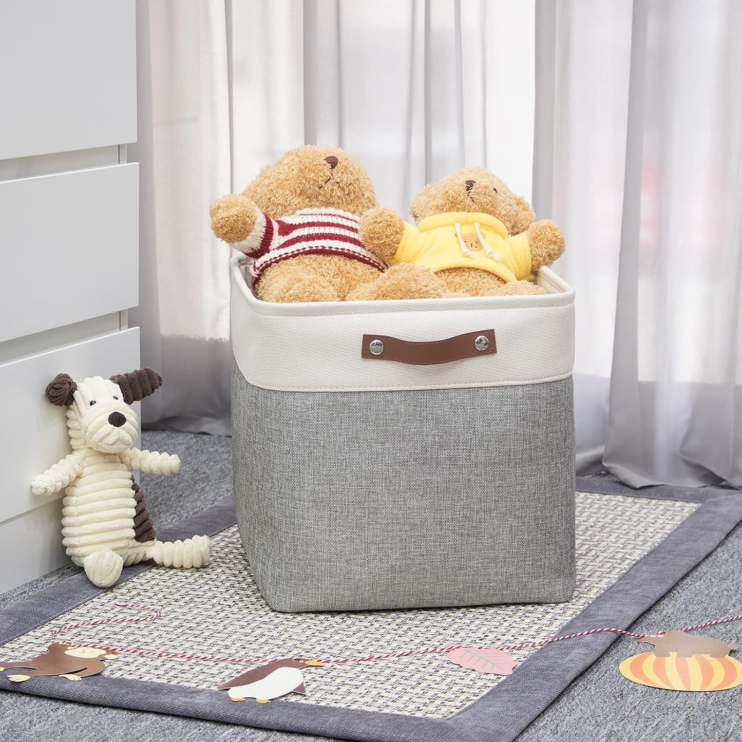 HNZIGE Storage Foldable Storage Baskets Cubes Set(3 Pack) Fabric Bins for Shelves,13 Inch Storage Basket for Organizing with Leather Handles for Home, Toys, Clothes,Closet Storage(White&Gray)