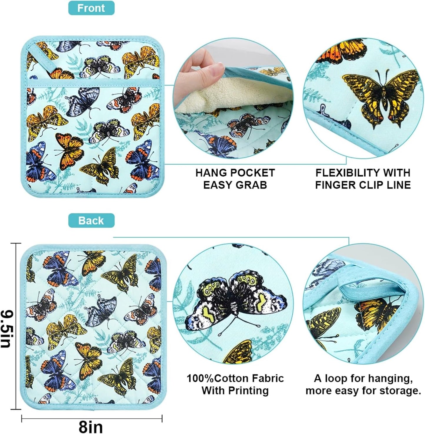 Pot Holders Set of 2 Heat Resistant 480℉ Kitchen 100% Cotton Comfortable Lining Printing Butterfly Flower Women Men Home Cooking Baking Microwave BBQ Gift (Butterfly potholders)