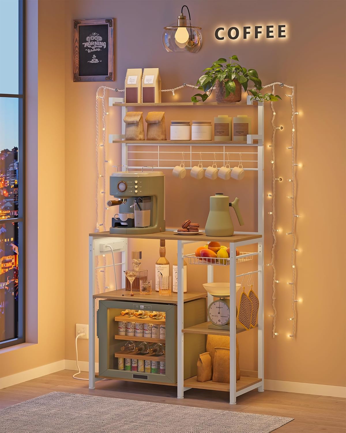 VASAGLE Bakers Rack with Power Outlet, 35.4 Inches Microwave Stand, Coffee Bar, 4 AC Outlets, with Adjustable Shelves, 8 S-Hooks, Basket, Spice Racks, Golden Oak and Cloud White UKKS031Y09