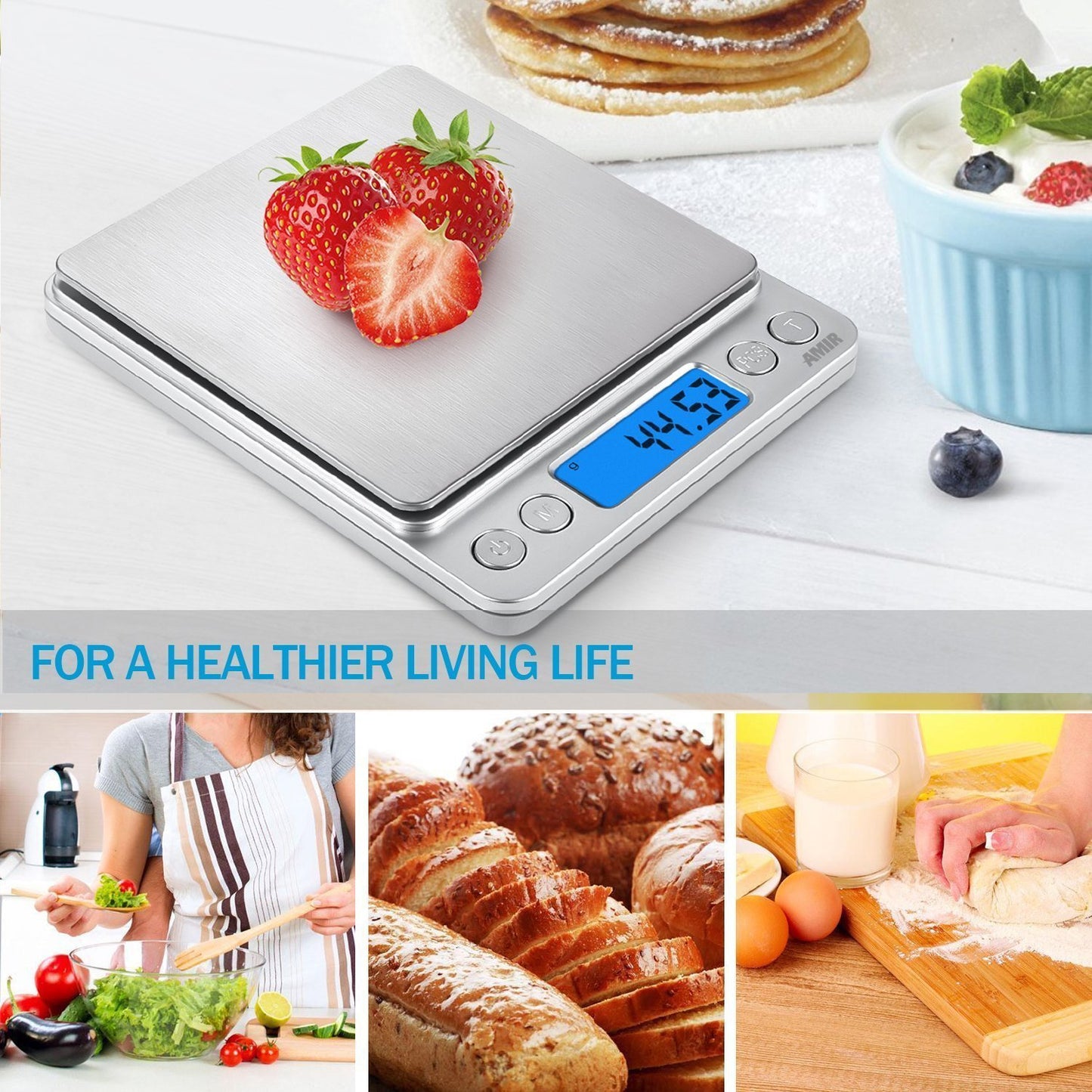 (Upgraded) AMIR Digital Kitchen Scale, 500g Mini Pocket Jewelry Scale, Food Scale, Coffee Scale, Back-Lit LCD Display, 2 Trays, 6 Units, Auto Off, Tare, PCS, Stainless Steel (Batteries Included)