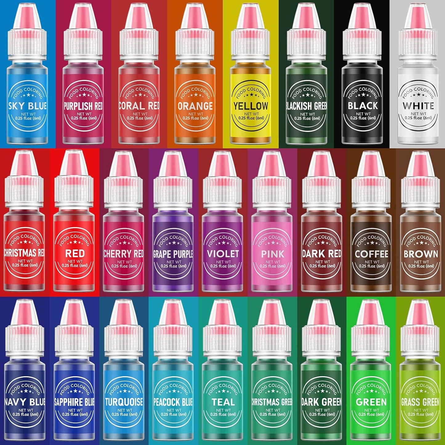 Food Coloring for Baking - 26 Vibrant Cake Coloring Liquid Set for Dessert Decorating, Food Grade Food Dye for Icing,Fondant,Cookies,Easter Egg,Making DIY Supplies Kit- 0.25 Fl. oz (6 ml)/Bottles