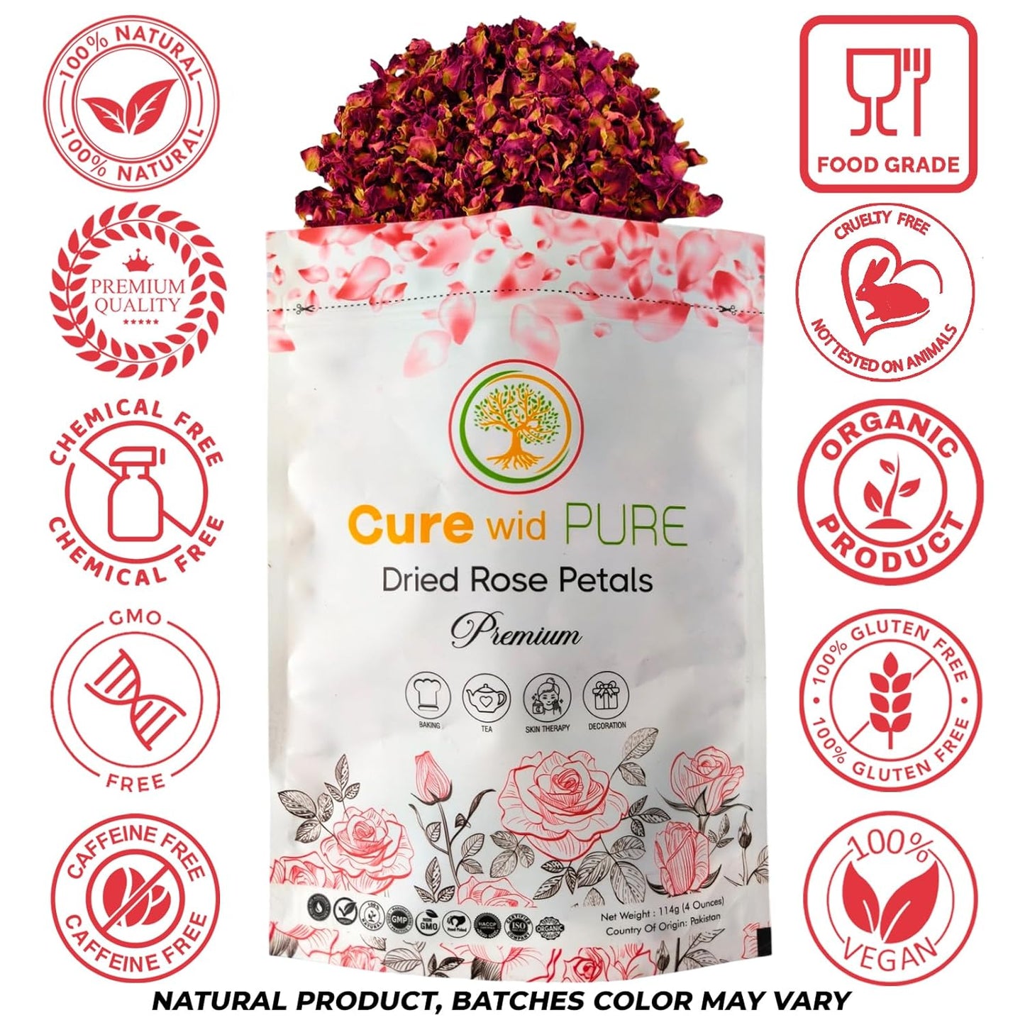 Cure Wid Pure Certified Organic Dried Rose Petals 4 oz Food-Grade Edible Rose Petals for Tea,Cocktails,Baking,Skincare & DIY - Sun-Dried,Non-GMO,Gluten & Chemical-Free Edible Flowers in Resealable Bag