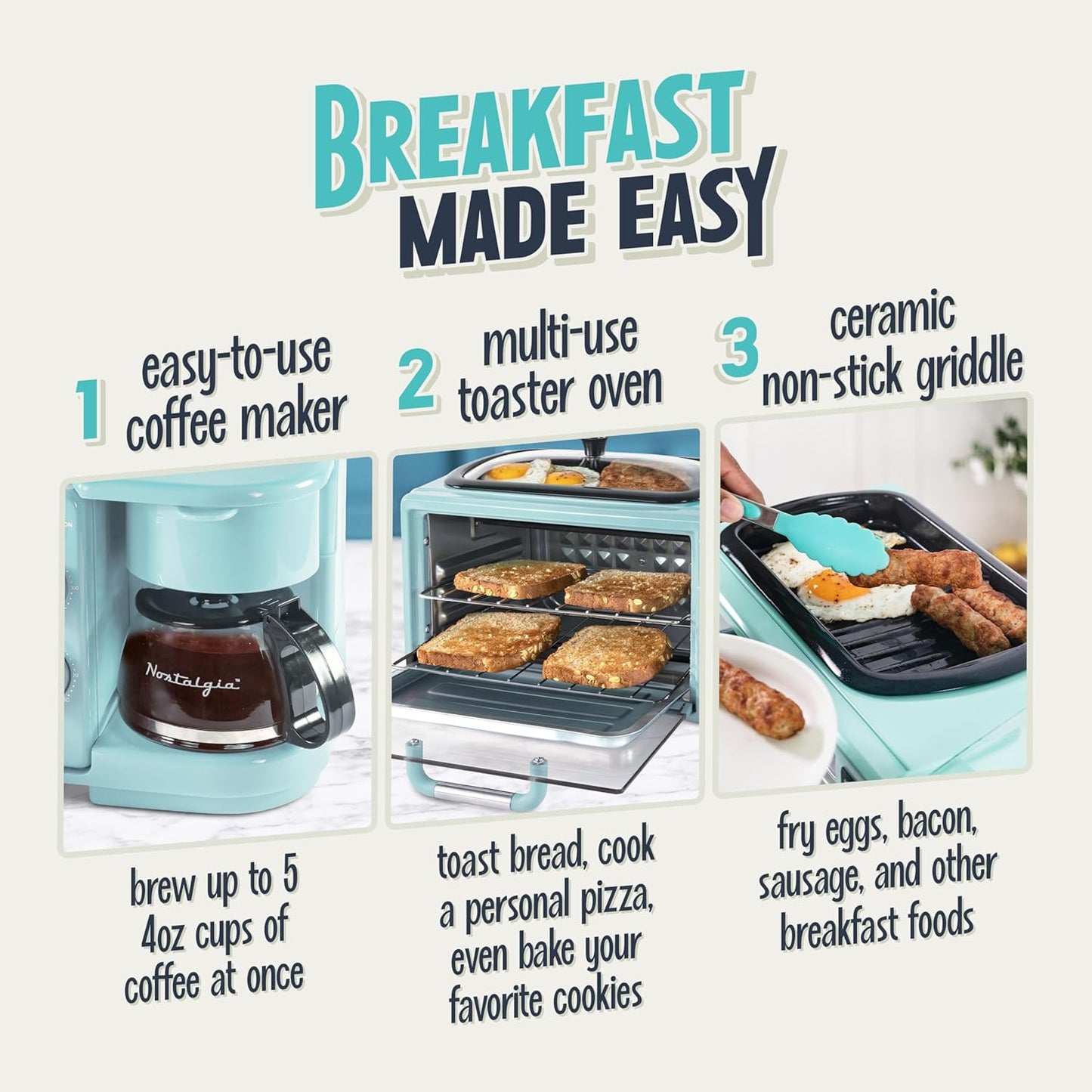 Nostalgia 3-in-1 Retro Breakfast Station - Includes 5 Cup Coffee Maker, Non-Stick Ceramic Griddle, and 4-Slice Toaster Oven - Built-In Timer, Reusable Coffee Filter, Space-Saving Design - Aqua