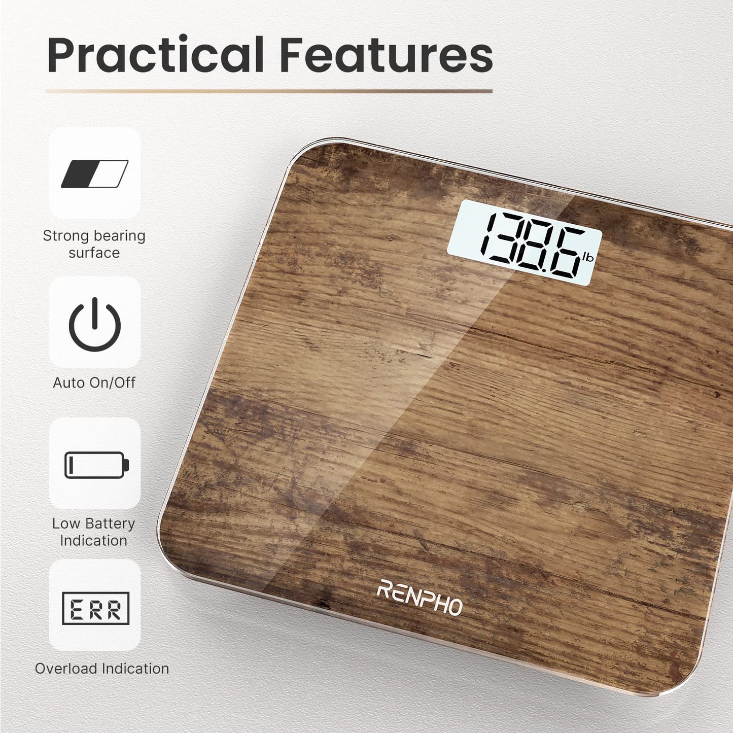 RENPHO Digital Bathroom Scale, Highly Accurate Body Weight Scale with Lighted LED Display, Round Corner Design, 400 lb, Core 1S, Wooden