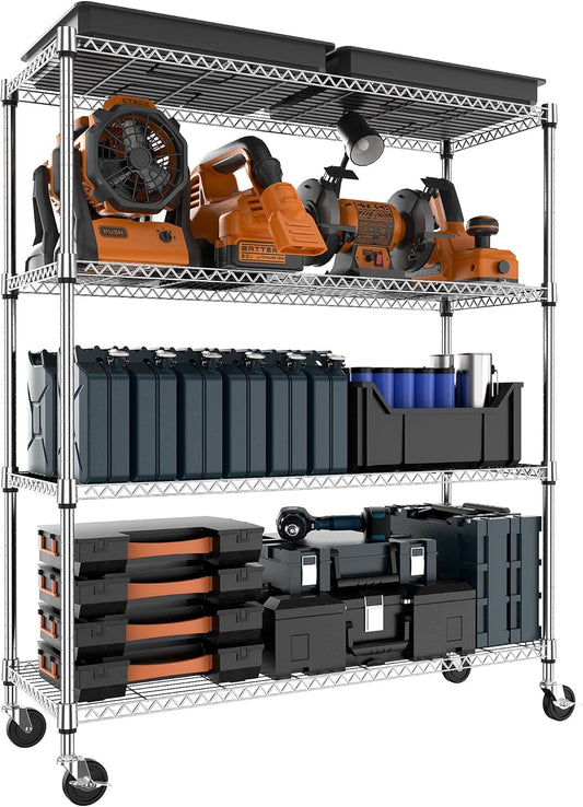4 Tiers Storage Shelves Load 1400LBS, Metal Shelving Wire Metal Shelving Unit Shelves for Storage Adjustable Garage Shelving for Pantry Kitchen Garage Chrome 17.7" D x 47.3" W x 62.7" H