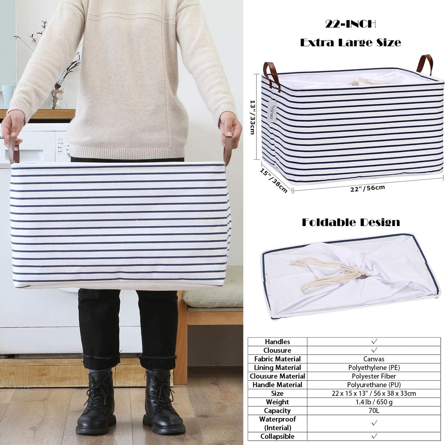 Hinwo 70L Extra Large Storage Bins, 2-Pack Closet Organizers and Storage, Foldable Clothes Storage Baskets with Handles, Containers for Clothing, Blanket, Comforters, Toys, Bedding (Gold Stripe)