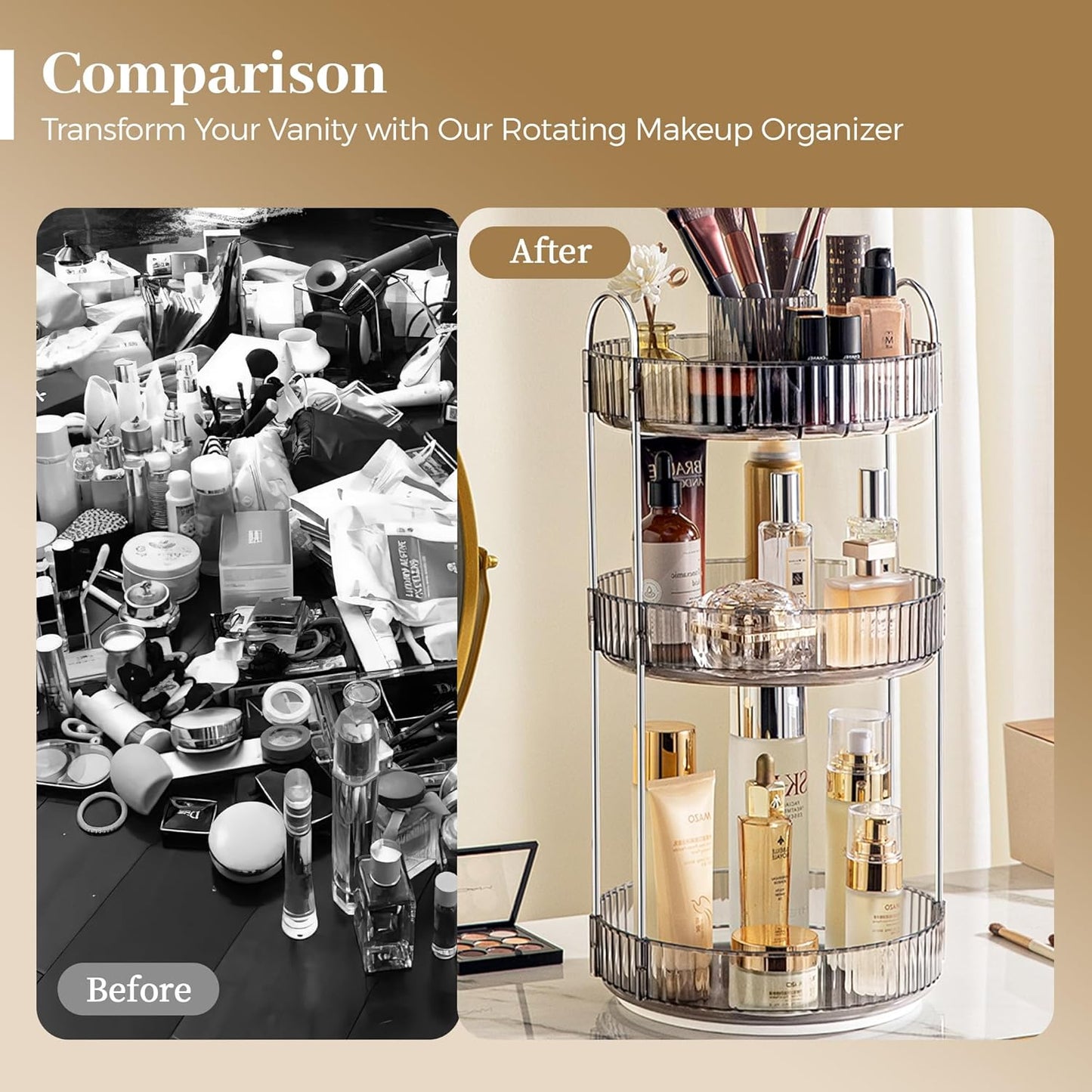 Aveniee 360° Rotating Makeup Organizer for Vanity, Upagraded Perfume Skincare Bathroom Counter Organizers with Brush Divider, 3 Tier Spinning Lipstick Cosmetic Lotion Storage,Grey