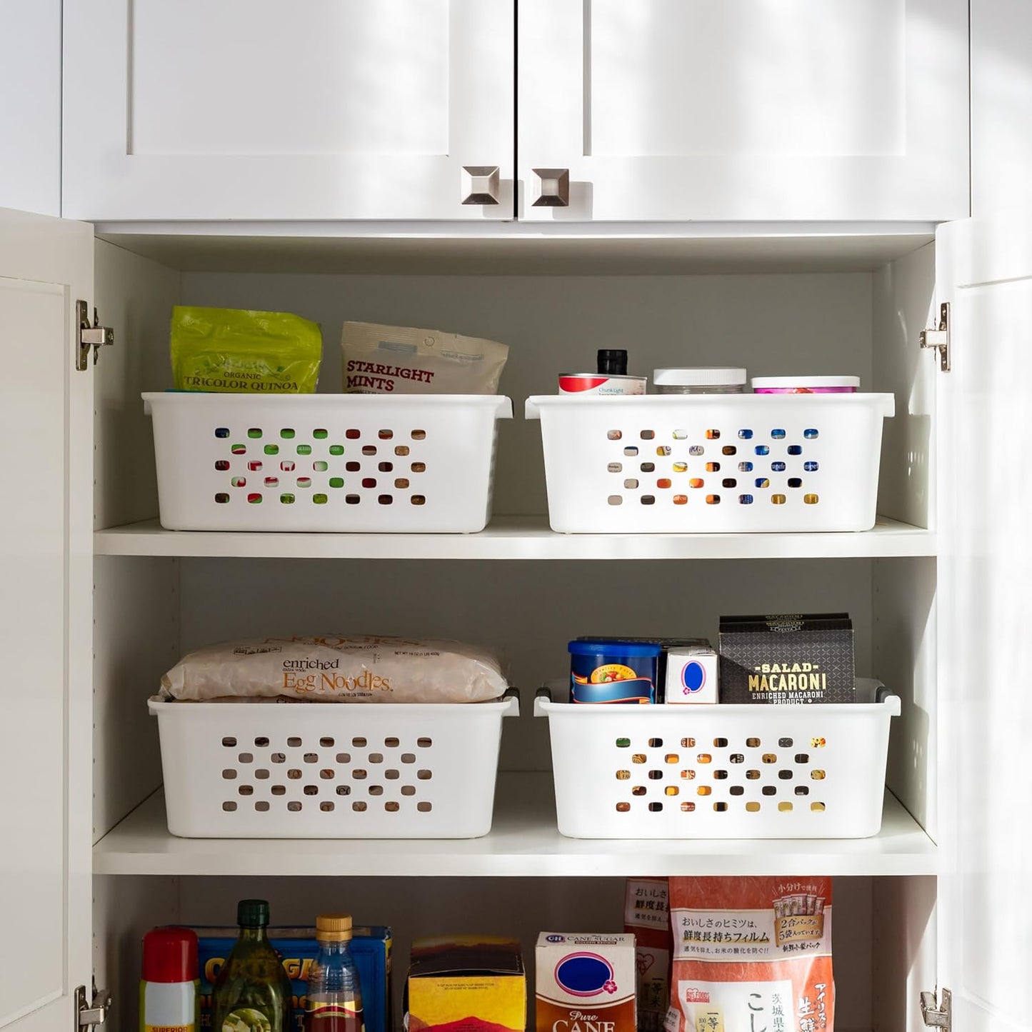 IRIS USA Plastic Basket, 4-Pack, Medium, Shelves Storage Basket for Organizing Pantry, Office, Craft Room, Cabinet, Bedroom, Closet, Laundry Room, White