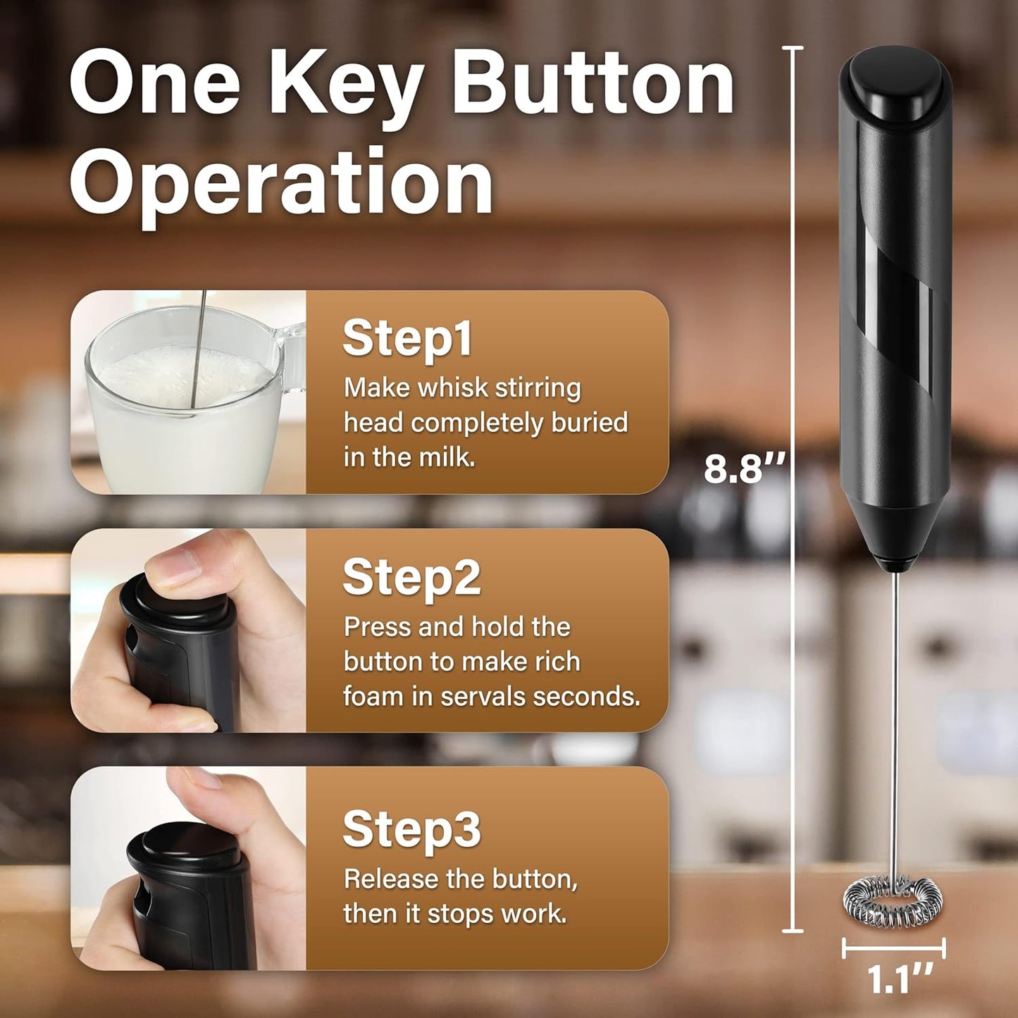 YSSOA Electric Milk Frother Handheld with Stainless Steel Stand Battery Operated Whisk Drink Mixer for Coffee, Latte, Matcha, Hot Chocolate, Black