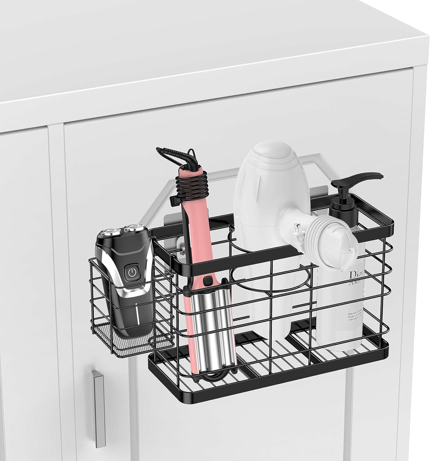 Hair Tool Organizer - Black Steel Wall Mounted Hair Dryer Holder with Removable Basket, 10.62"L x 4.33"W x 6.69"H, Ideal for Small Bathrooms