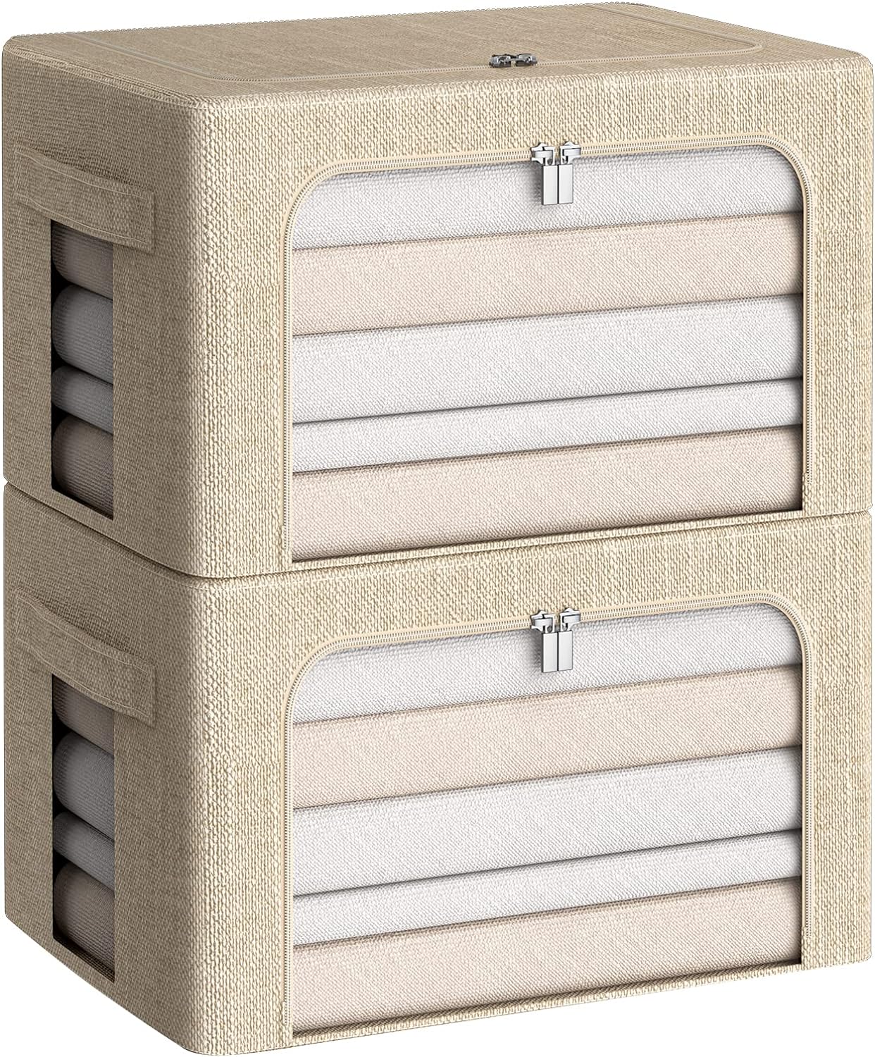 Clothes Storage Bins Box - Linen Fabric Foldable Stackable Container Organizer Set with Clear Window & Carry Handles & Metal Frame for Bedding, Blankets, Books (Beige, Medium-36L)