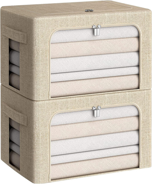 Clothes Storage Bins Box - Linen Fabric Foldable Stackable Container Organizer Set with Clear Window & Carry Handles & Metal Frame for Bedding, Blankets, Books (Beige, Medium-36L)