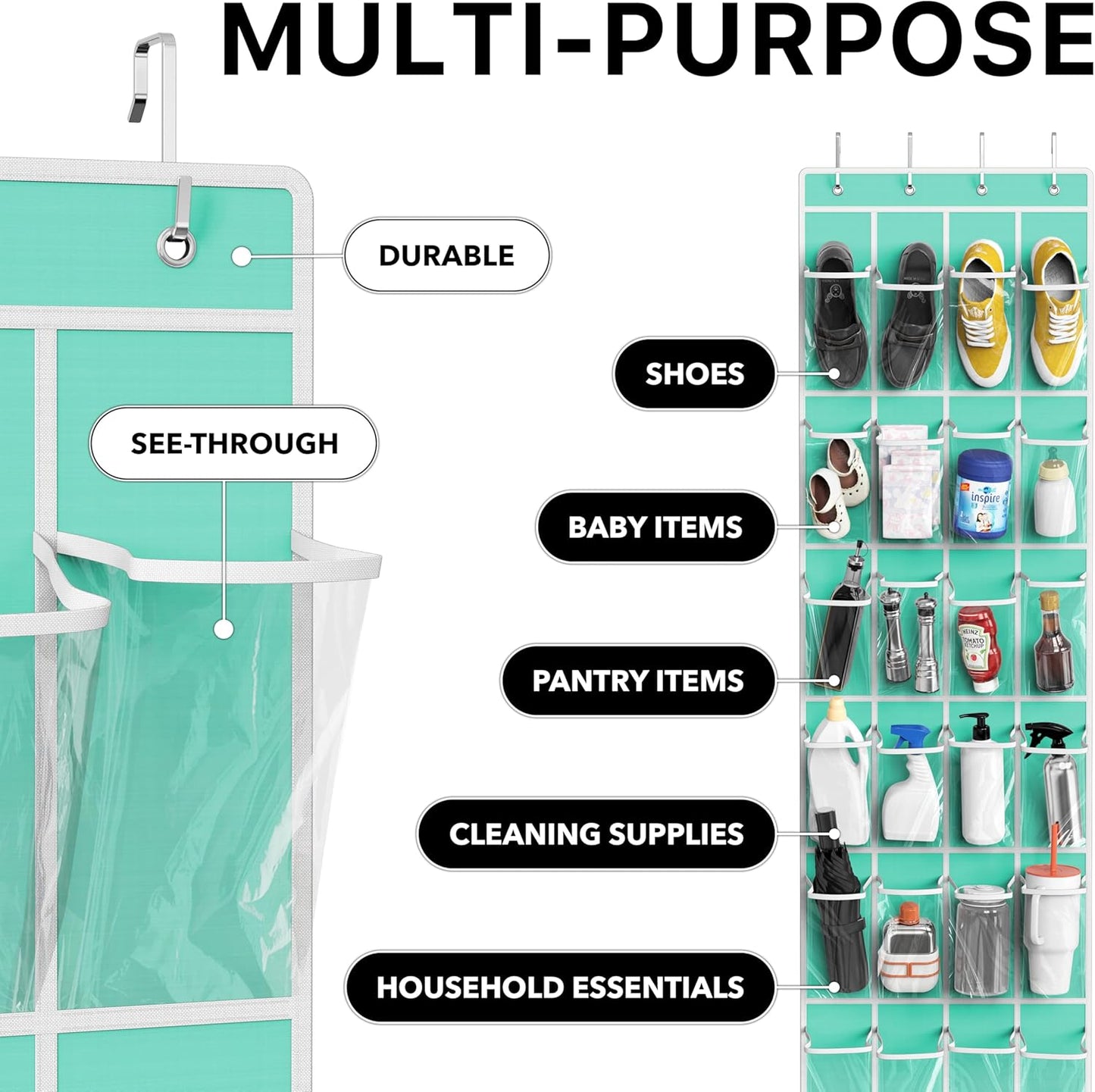 Simple Houseware 24 Pockets - Crystal Clear Over The Door Hanging Shoe Organizer, Turquoise (64'' x 19'')