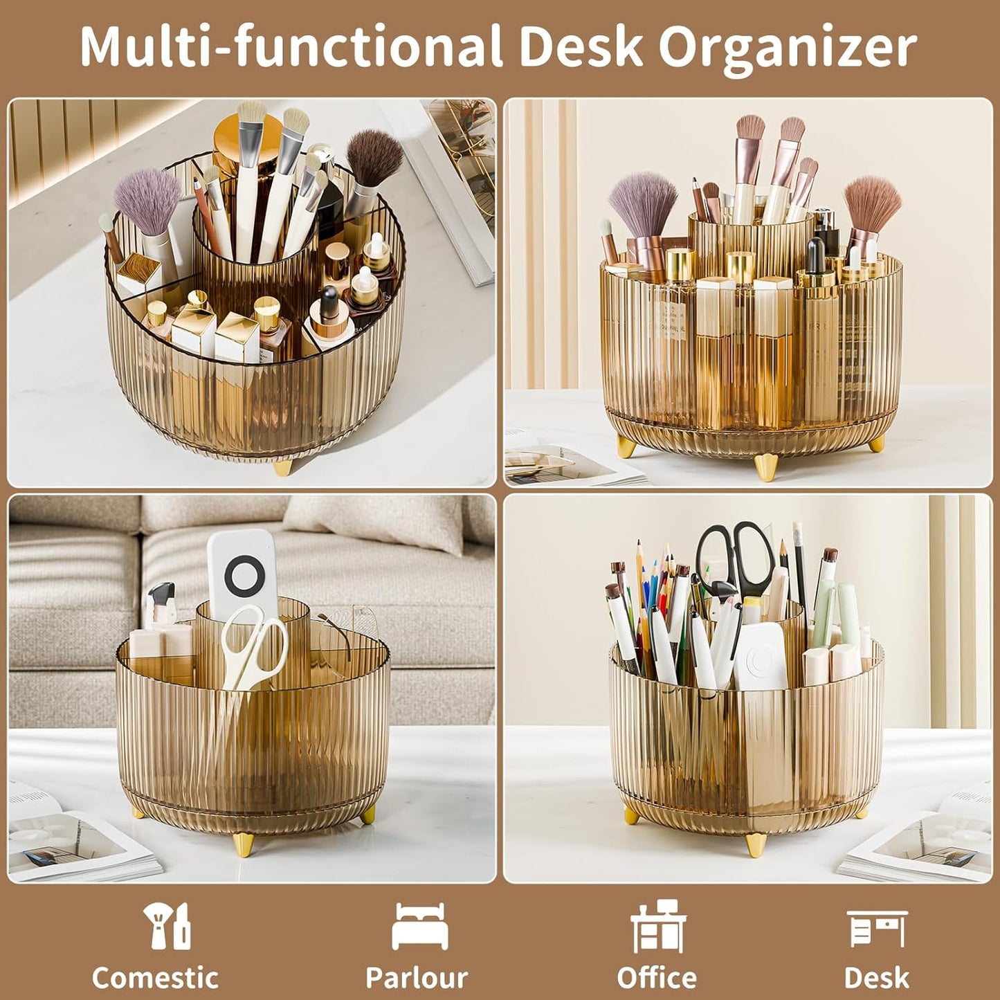 360° Rotate Makeup Brush Holder Organizer, Makeup Organizers Countertop, Makeup organization and Skincare Storage for Vanity, Desktop, Bathroom (Clear Amber)