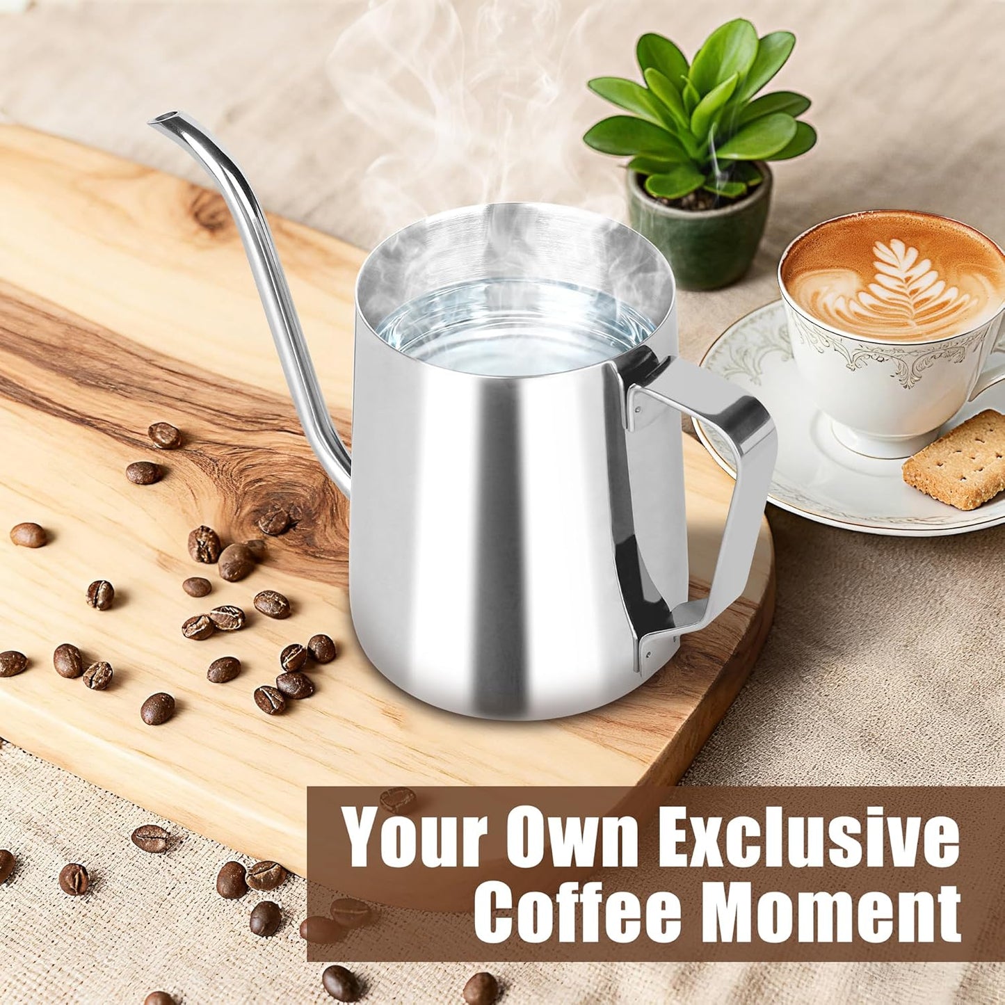 Stainless Steel Gooseneck Spout Kettle for Hand Drip Coffee One Serving Pour Over Kettle for Filter Coffee Long and Narrow Drip Cup for Outdoor Camping (Silver / 350ML / 1Pack)