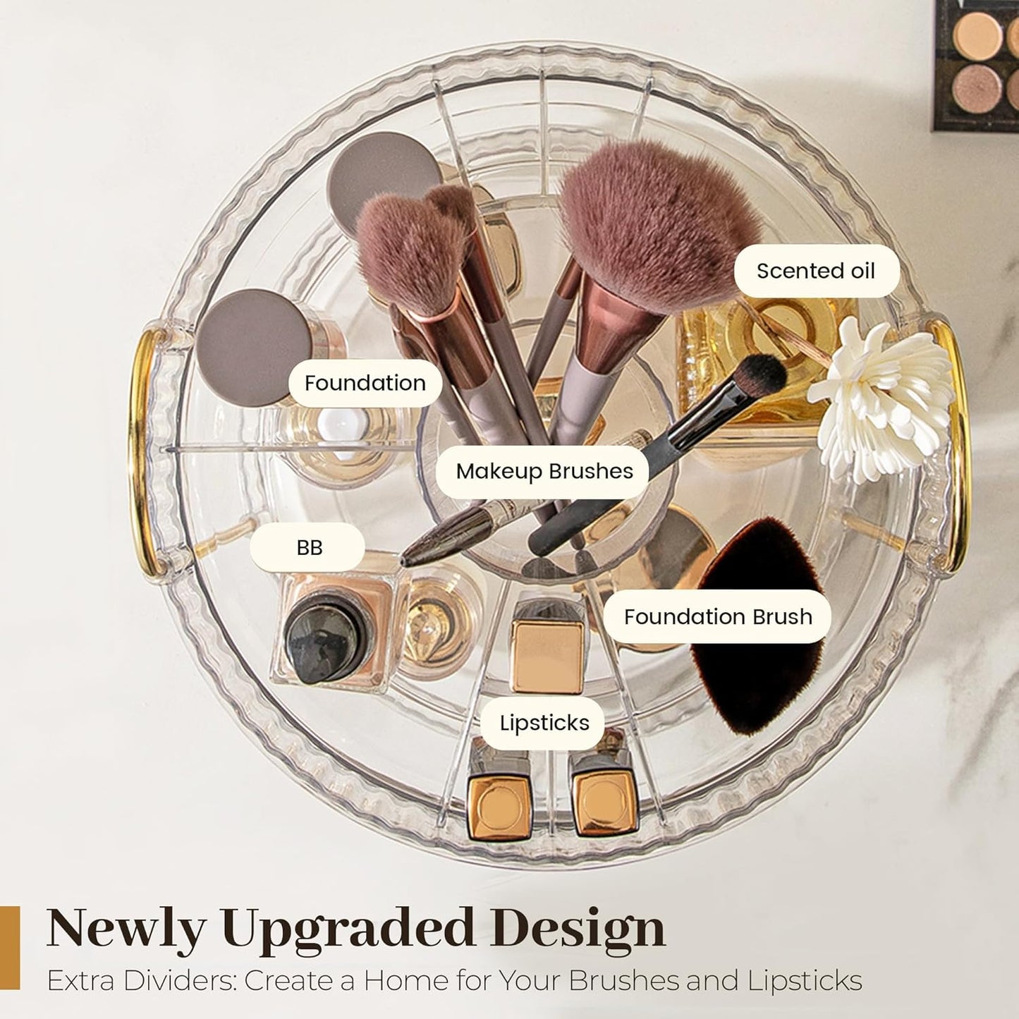 Aveniee 360° Rotating Makeup Organizer for Vanity, Perfume Skincare Bathroom Countertop Organizers, 3 Tier Spinning Skincare Storage with Brush Holder for Lipstick Cosmetic Lotion,White