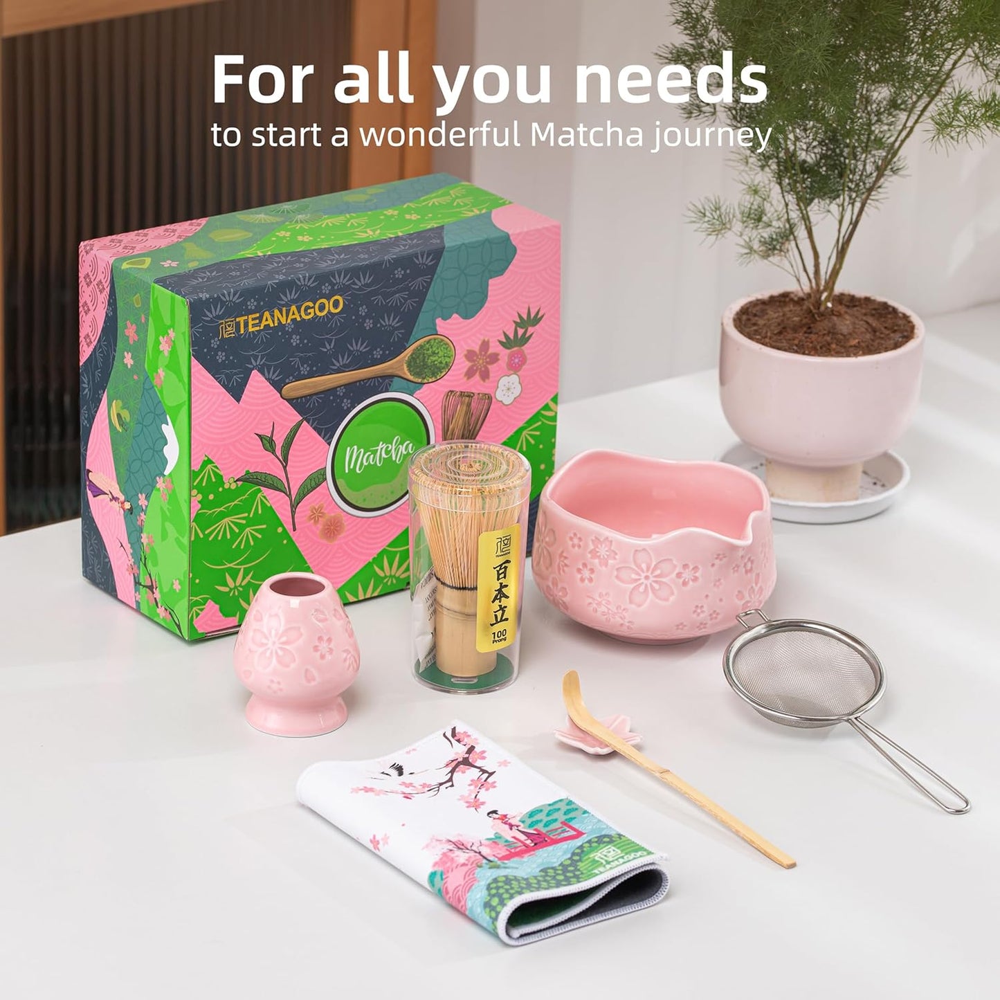 TEANAGOO 7-PCS Pink Matcha Whisk Set with Cherry Blossom Design, Complete Ceremony Kit, Ceramic Chawan Bowl with Spout, Whisk & Accessories, Traditional Matcha Tea Set for Lattes& Gift Giving